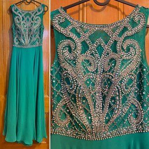 Women's Floor-Length Teal Chiffon Dress With Beading